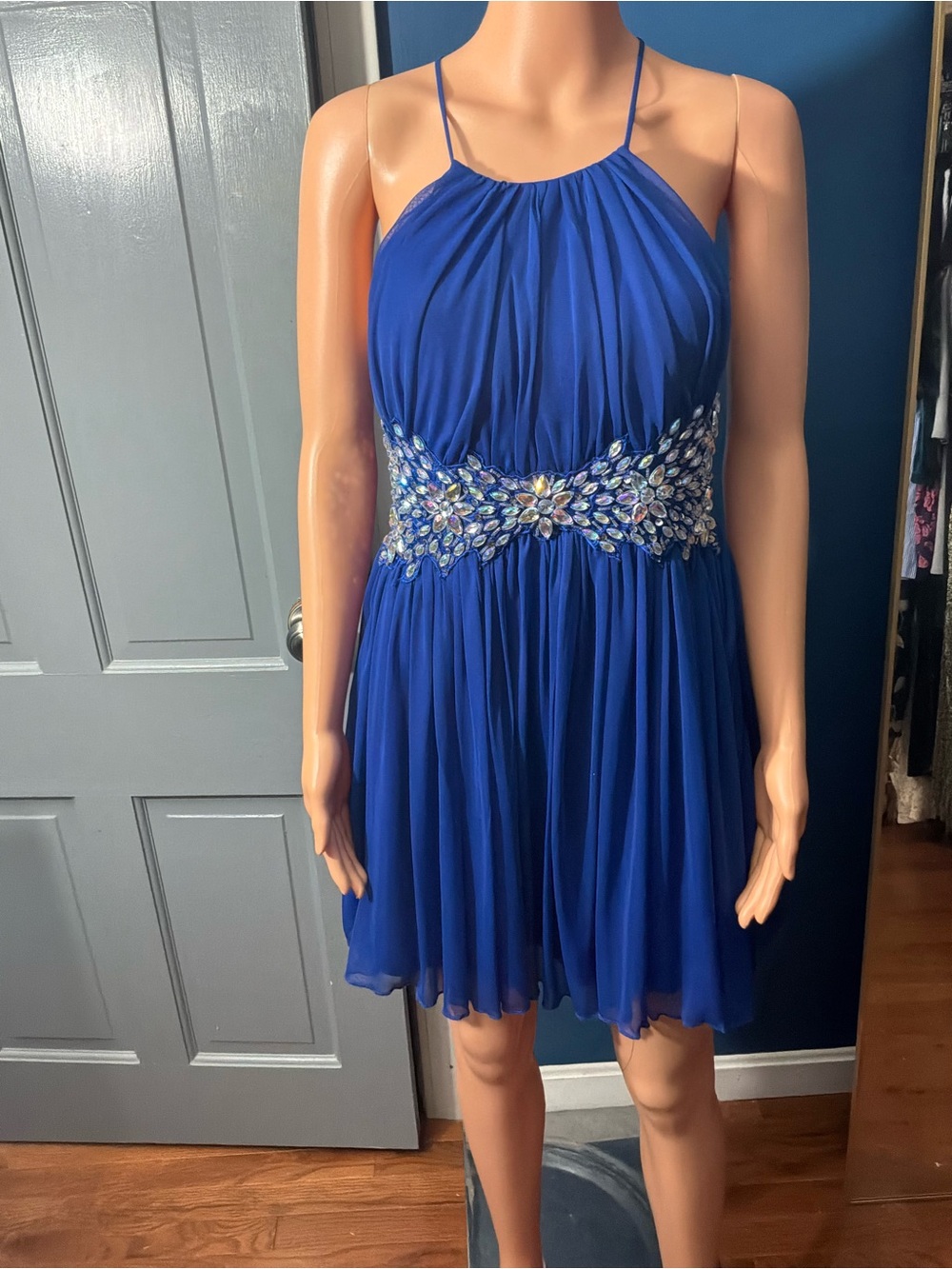 B Darlin Royal Blue Jeweled Halter Mini Dress